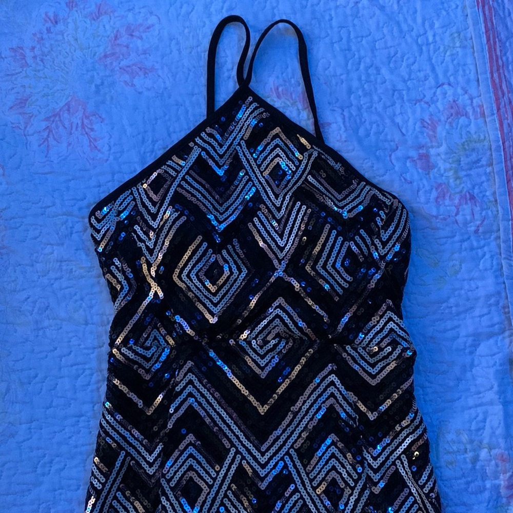Sequin haltered top two strap open back dress